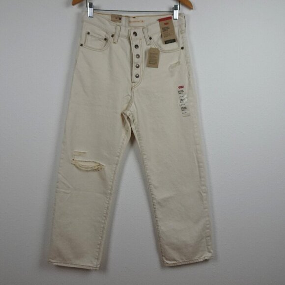 Levi's Ribcage Straight Ankle Jeans Size 28x27 Ivory Denim Distressed Button Fly - Picture 1 of 11